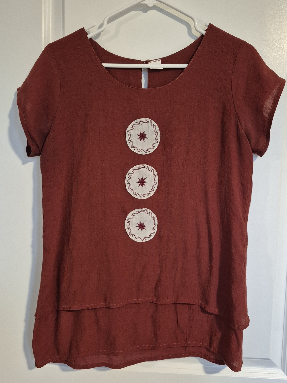 Silk Cotton Blend Boho Terracotta Embroidered Medallion Layered Blouse Size L